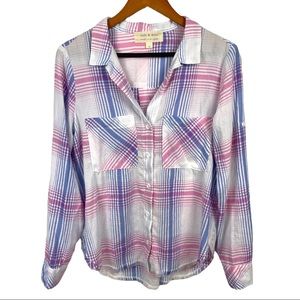 ❗️Cloth & Stone Top Shirt Button Down Small Pink Blue Long Sleeve Frayed Hem